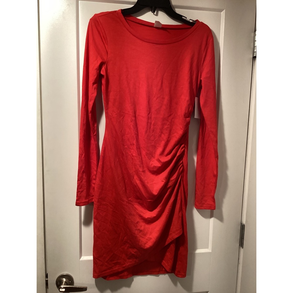 Melrose and Market Red Ruched‎ Side Long Sleeve Tulip Hem Bodycon Dress Medium